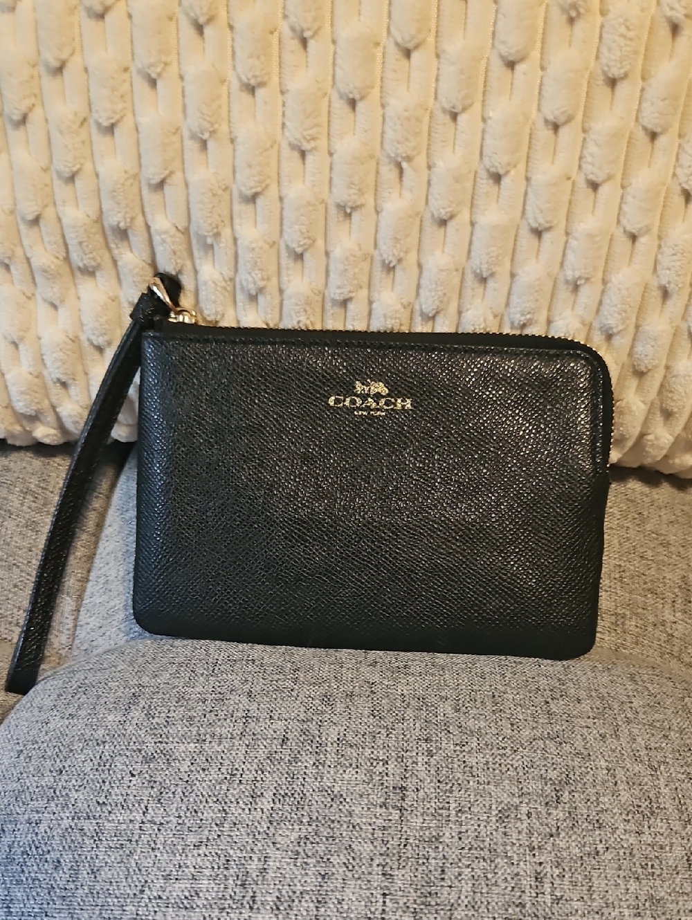 Coach Black Leather Wristlet with Gold Logo